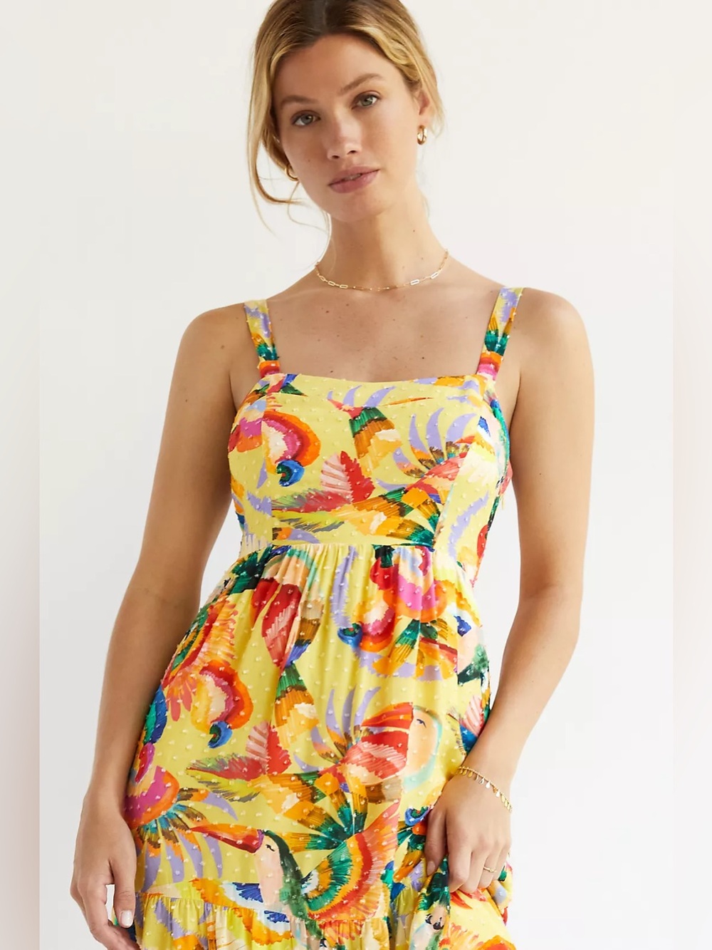 FARM Rio for Anthropologie Floral Clip Dot Tiered Maxi Dress Size S Yellow - Picture 9 of 11